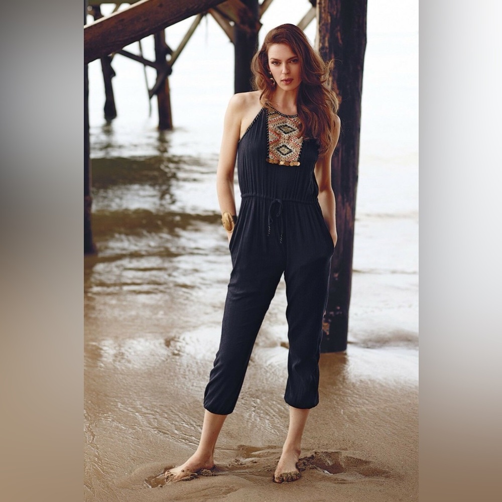 Lilka Anthropologie Tenaya Black Embroidered Sleeveless Jumpsuit Medium